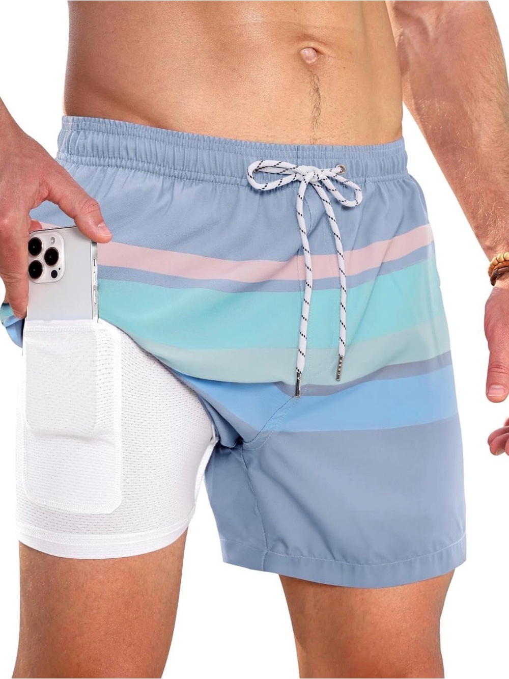 Gleeease Men’s Swim Trunks XL 5” Compression Liner Striped Quick Dry Board Short